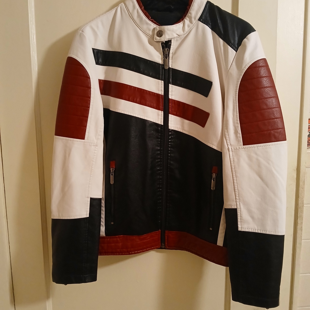 Unisex White, Black & Maroon Biker Jacket Size M